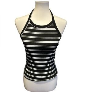 Black-and-white striped high neck cropped halter top